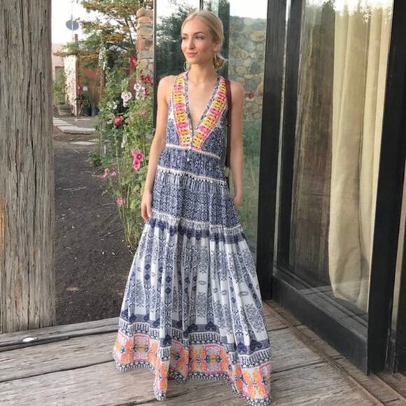 Rococo Sand Dresses & Skirts - Rococo Sand Silk Ionic Printed Embroidered Maxi Dress Boho Resortwear Maximalist